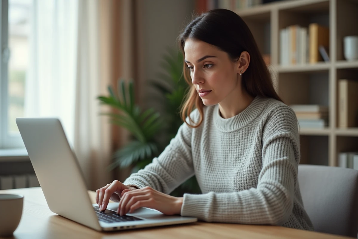 Femme utilisant un ordinateur portable pour créer son compte CAF en ligne depuis son bureau à domicile