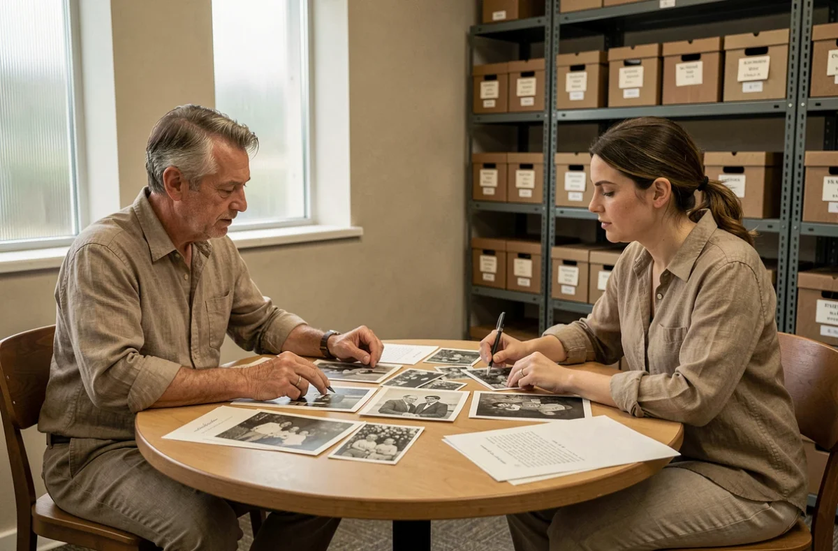 Deux chercheurs analysant des photographies familiales anciennes dans une salle d'archives historiques