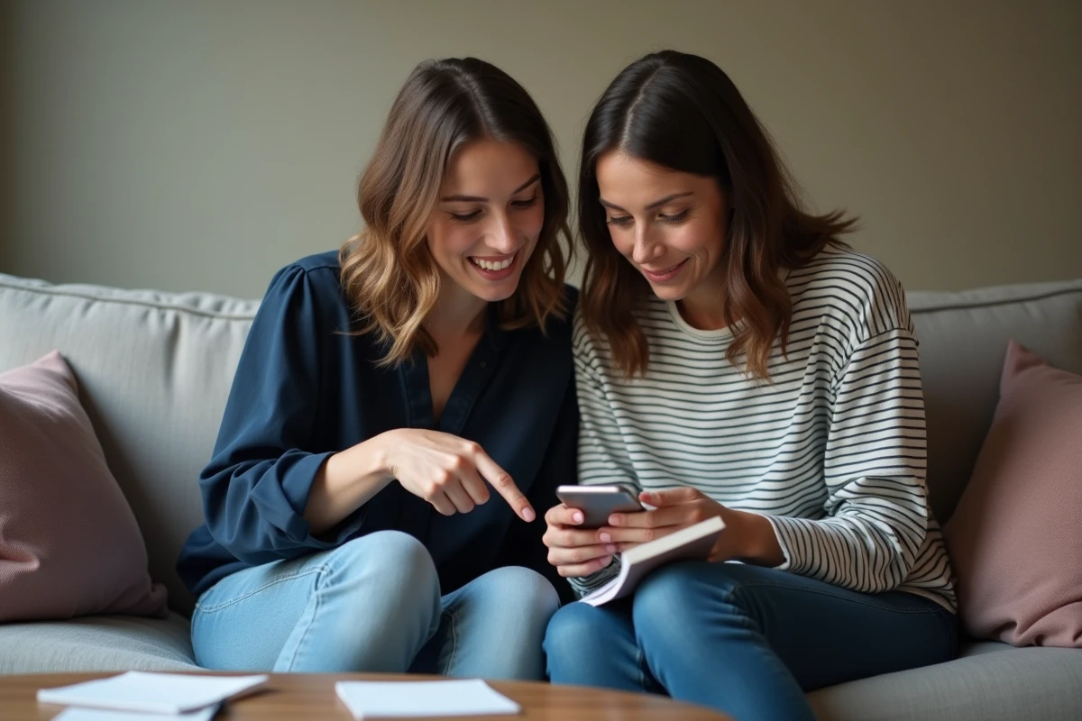 Deux femmes consultant une application mobile CAF et prenant des notes pour préparer un dossier d'aide 2026