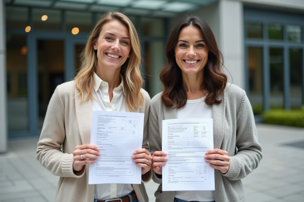 Deux femmes devant la mairie tenant un formulaire