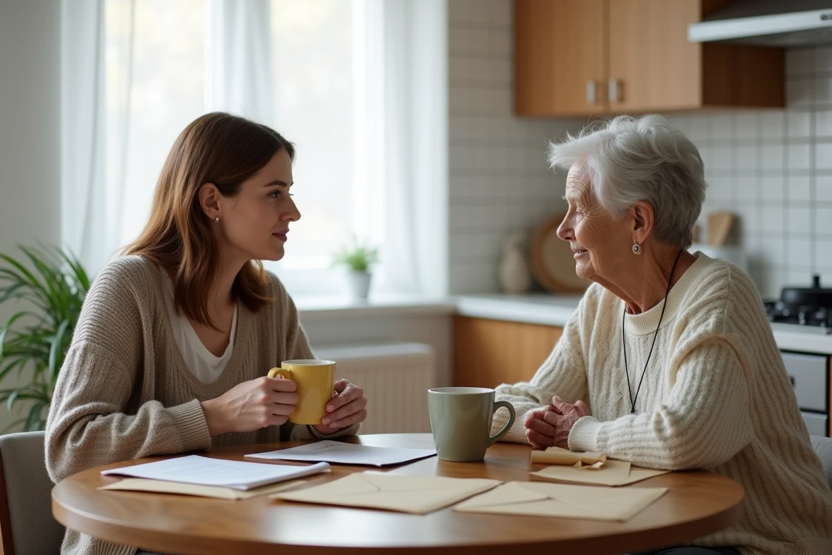 Une jeune femme et sa mère discutent des implications légales et familiales de l'adoption simple
