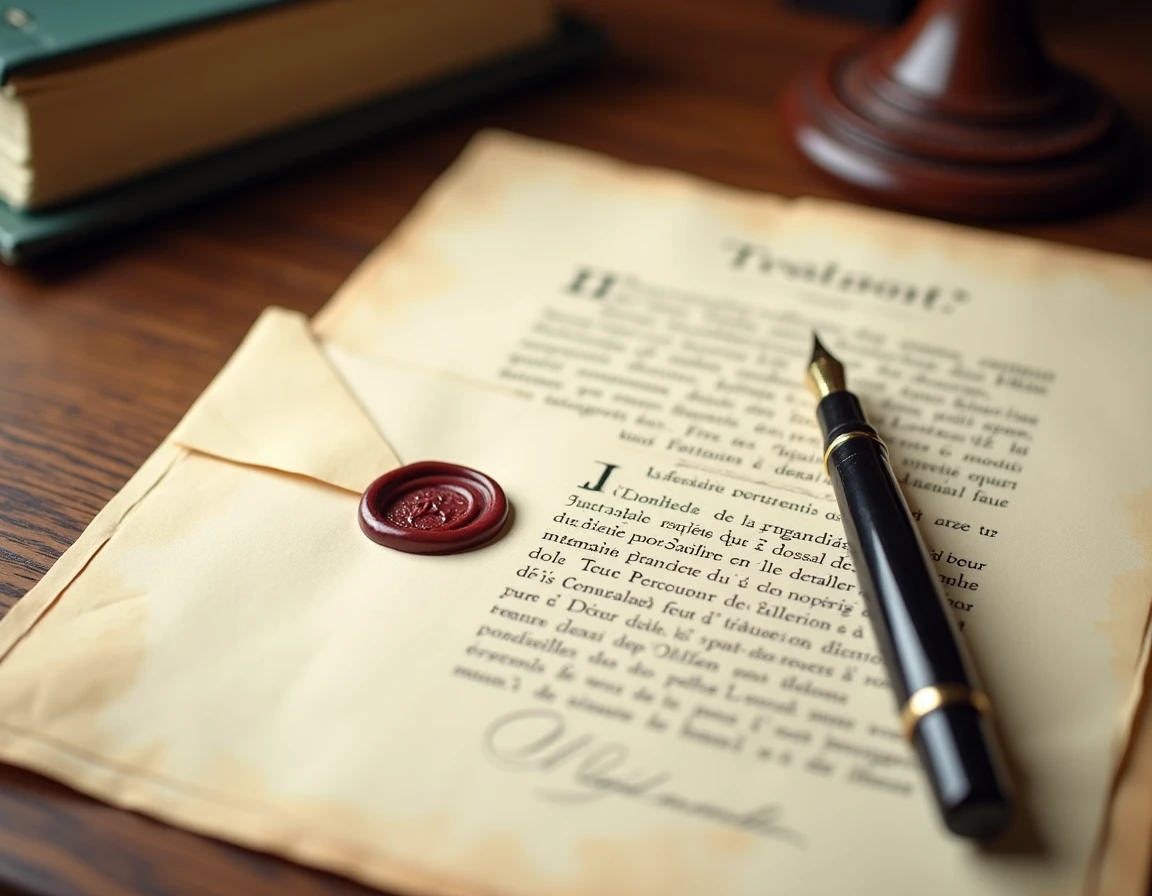 Gros plan sur un document de testament officiel avec stylo plume et cachet notarial sur un bureau en bois