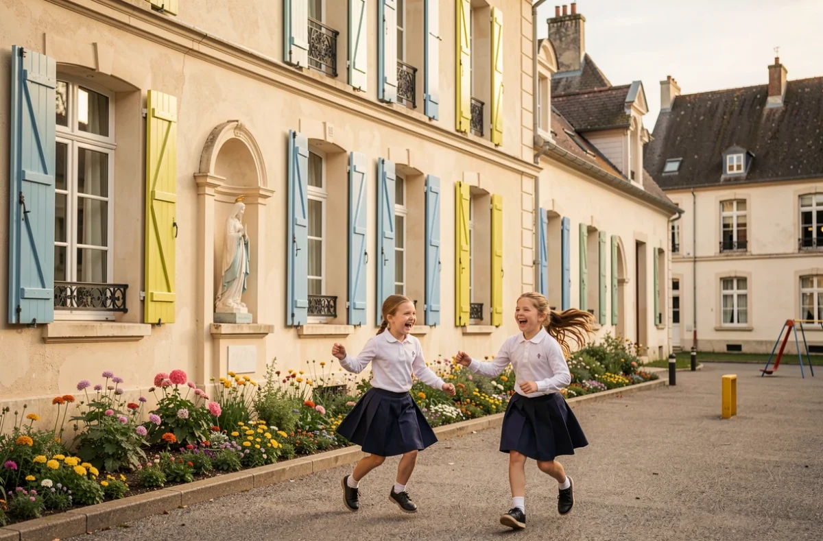 Cour de récréation de l'École primaire La Perverie à Nantes avec des élèves jouant pendant la pause
