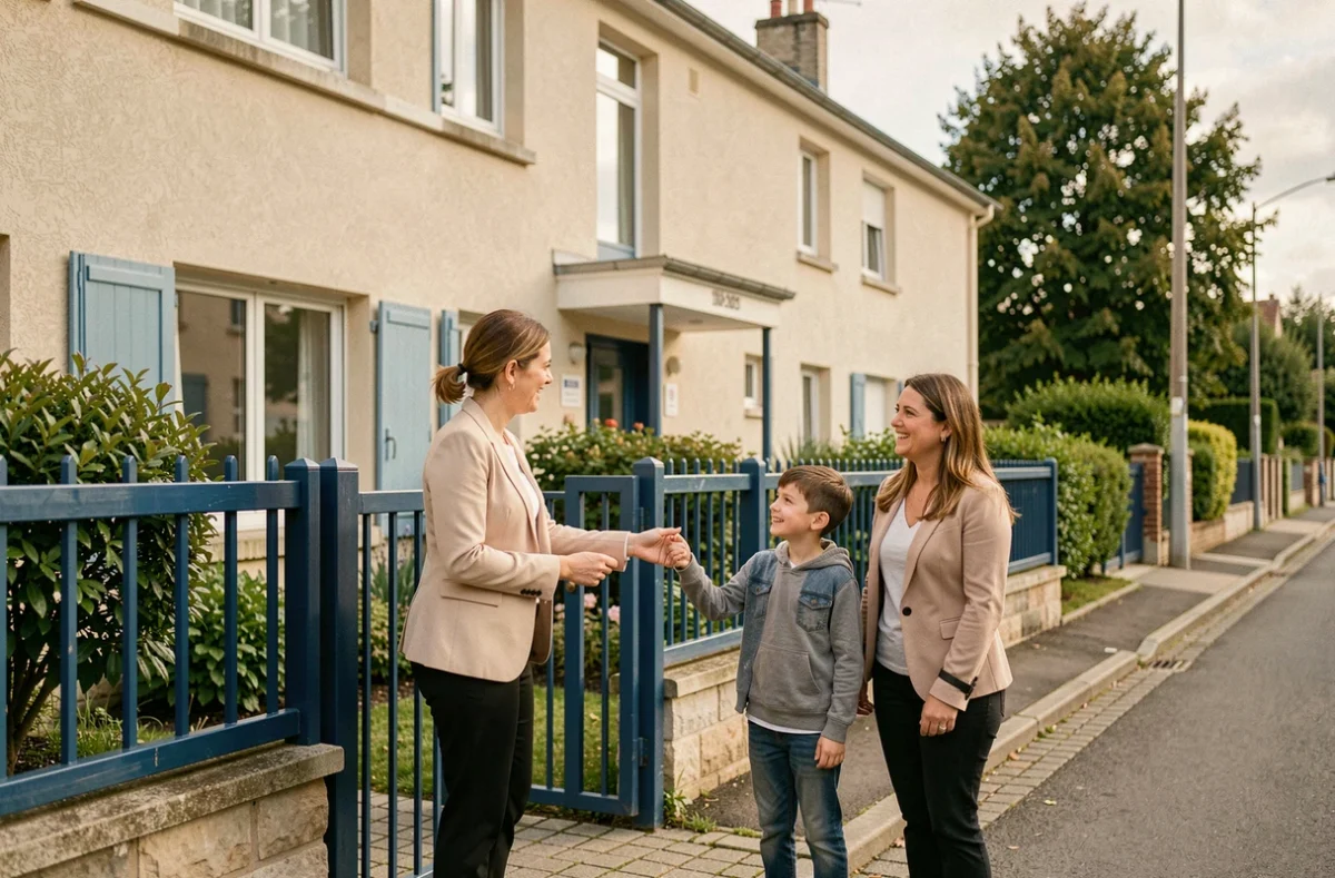 Enseignante accueillant un élève devant l'École primaire Saint-Dominique à Nantes
