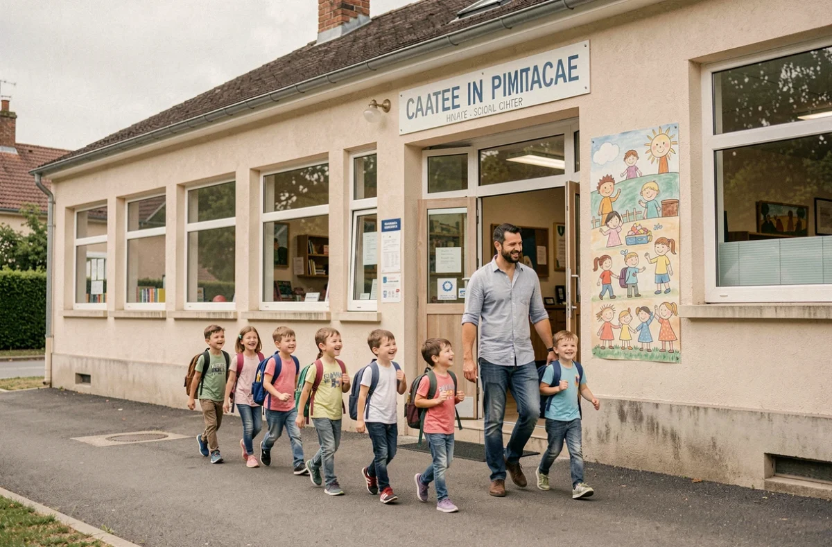 Enseignant accompagnant une file d'élèves devant l'École primaire Saint-Jean XXIII à Nantes