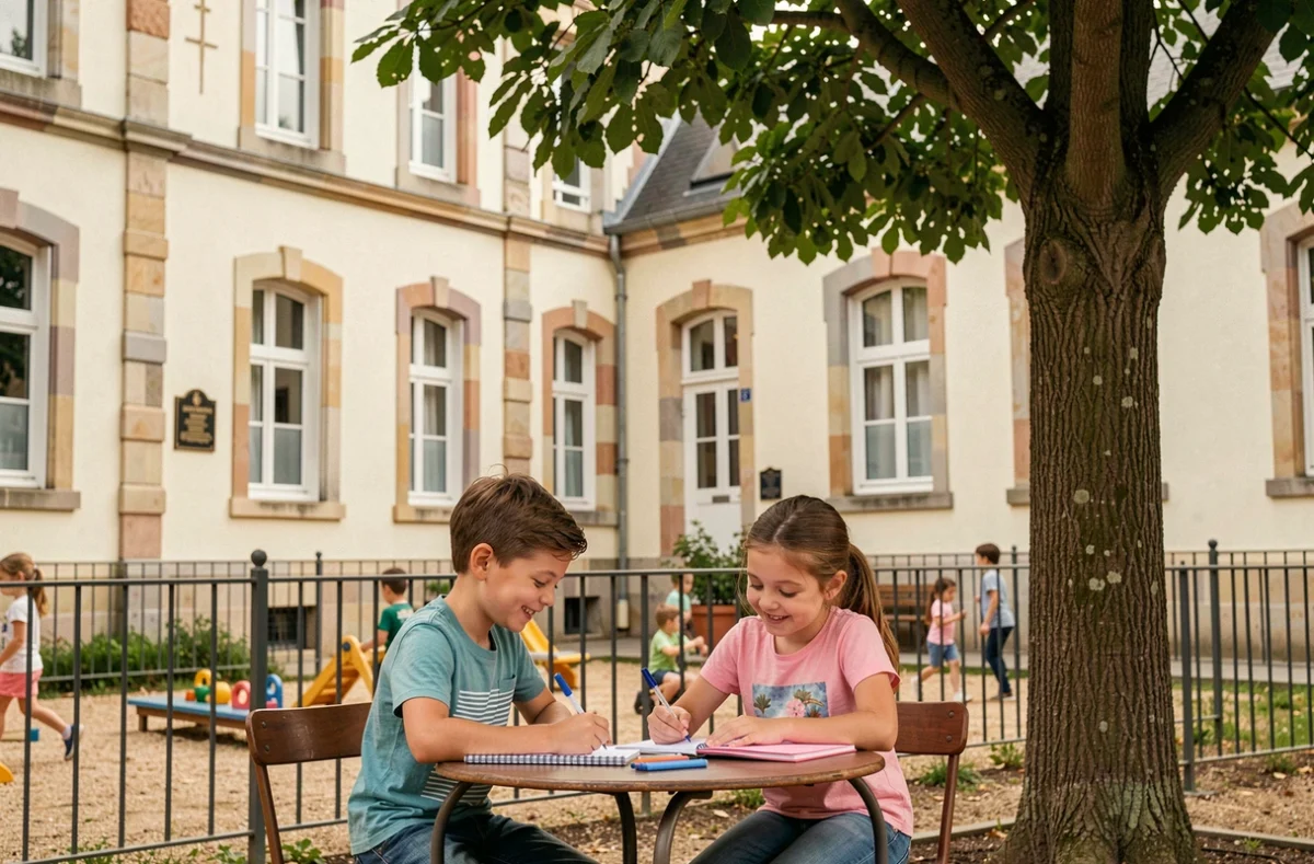 Deux élèves dessinant dans la cour de l'École primaire Saint-Joseph à Nantes