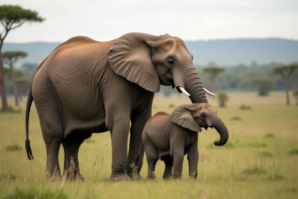 Une mère éléphant protège son petit dans la savane