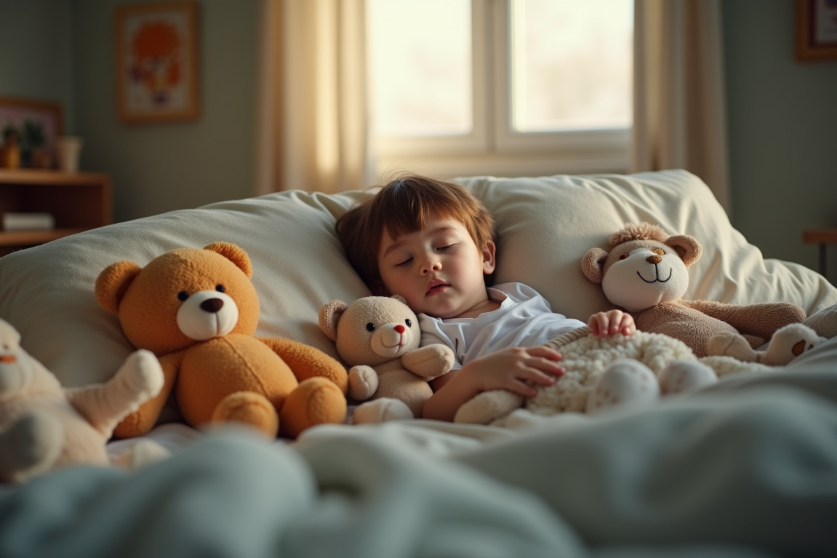 Enfant endormi seul dans son lit avec ses peluches