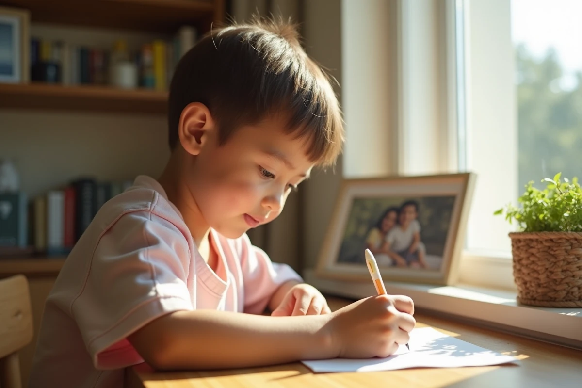 Enfant ecrivant un poeme sur une carte pour sa grand-mere