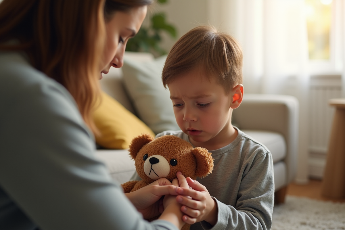 Enfant inquiet avec adulte dans un salon lumineux pour l article