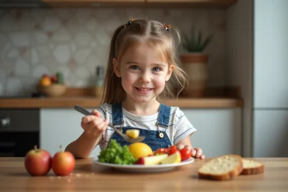 Fille de 6 ans mangeant des fruits dans la cuisine chaleureuse