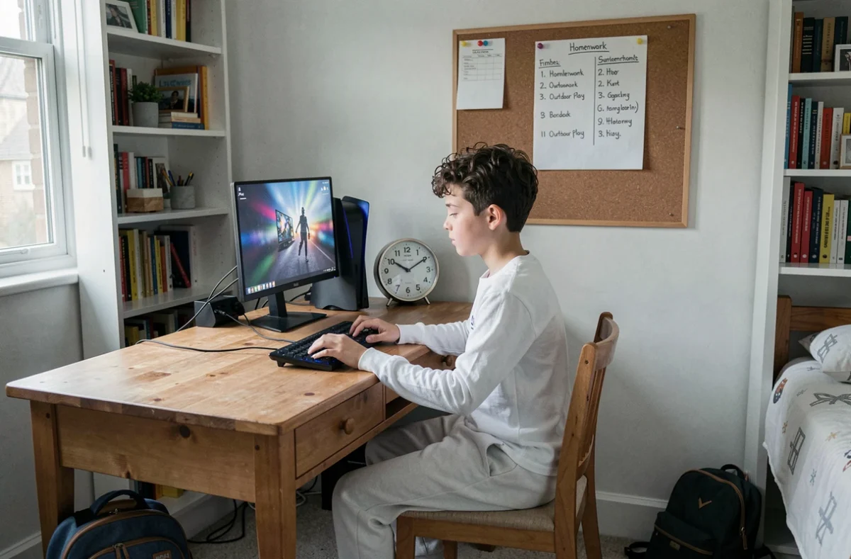 Enfant jouant à la PS5 avec un minuteur posé sur le bureau pour limiter le temps d'écran