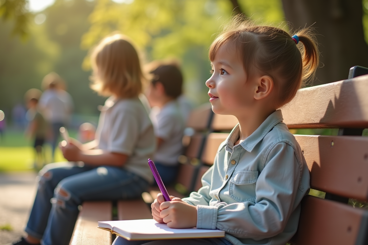 Enfant pensif assis sur un banc de cour d