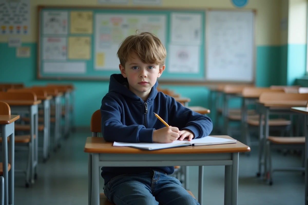 Jeune garçon assis seul dans une salle de classe, illustrant la question de l'intégration scolaire et des dispositifs ULIS