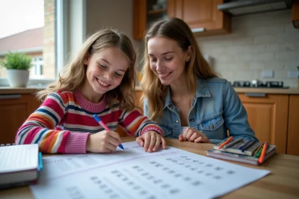 Jeune fille souriante avec sa m&egrave;re devant un calendrier scolaire