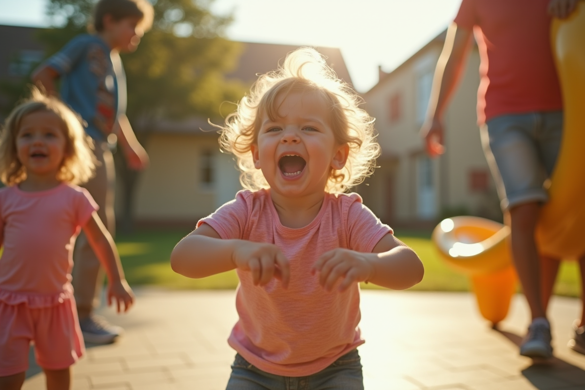 Enfant faisant une crise dans un parc en plein soleil avec d autres enfants