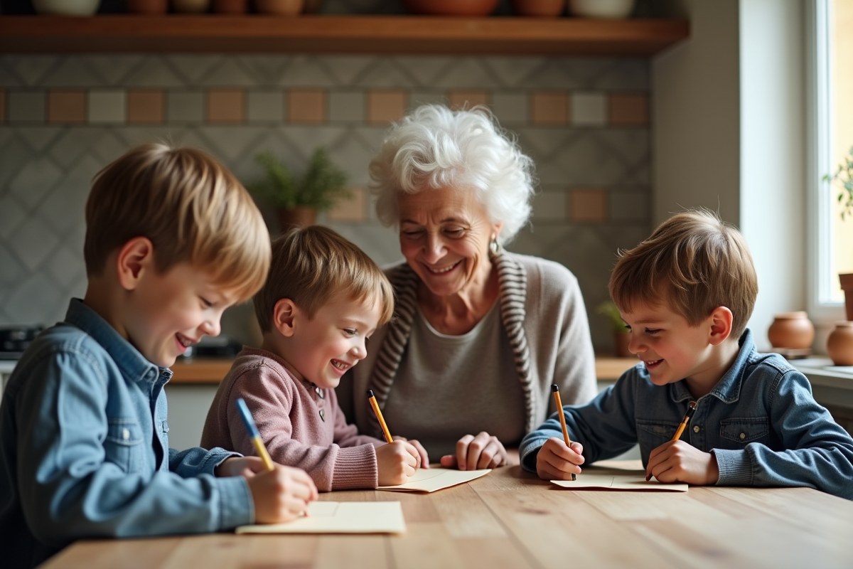 Enfants aidant leur grand-mere à écrire dans la cuisine