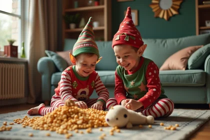 Deux enfants d&eacute;guis&eacute;s en elfes jouent avec un jouet dans un salon