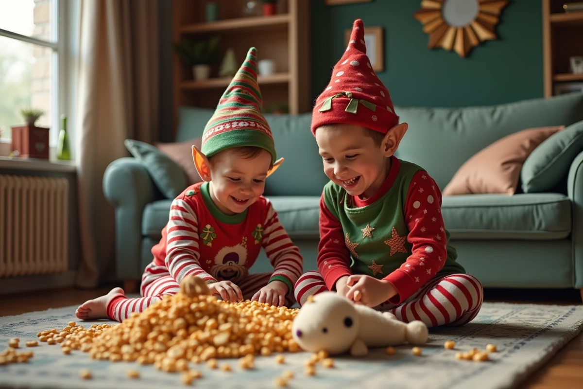 Deux enfants déguisés en elfes jouent avec un jouet dans un salon