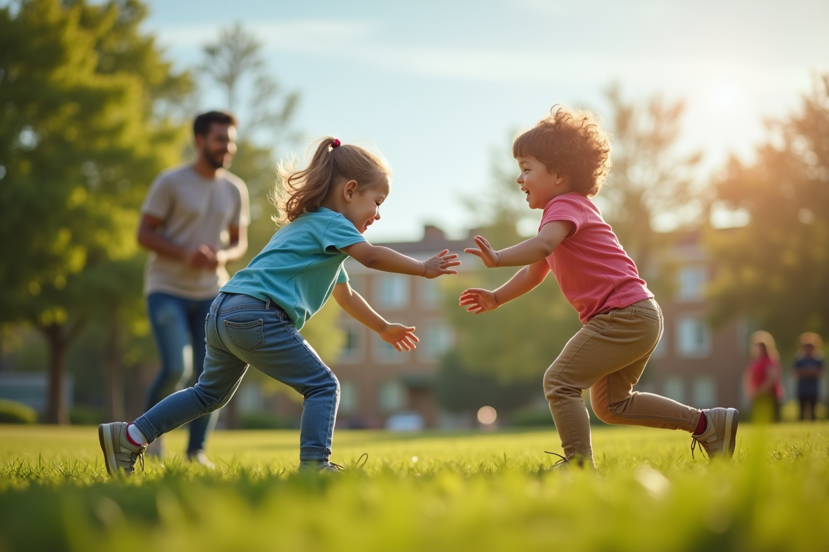 Deux enfants jouent dans un parc ensoleille avec un adulte en arrière-plan