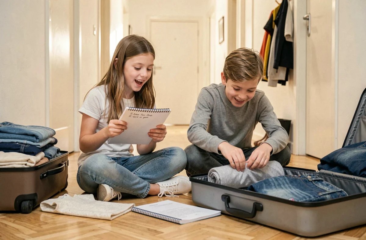 Deux enfants préparent leurs valises pour les prochaines vacances scolaires en consultant une liste dans le couloir de leur maison