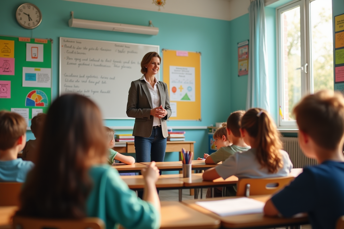 Enseignant menant une discussion interactive avec des élèves attentifs