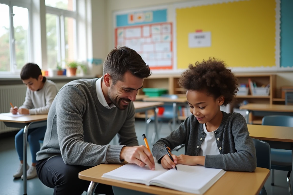 Enseignant spécialisé accompagnant un élève dans une classe adaptée aux troubles du comportement