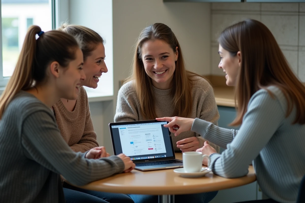 Équipe enseignante consultant ensemble les dates des vacances scolaires zone B 2026 sur ordinateur