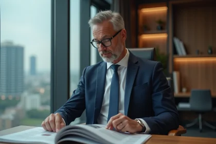 Homme executif en costume navy lit un magazine d affaires