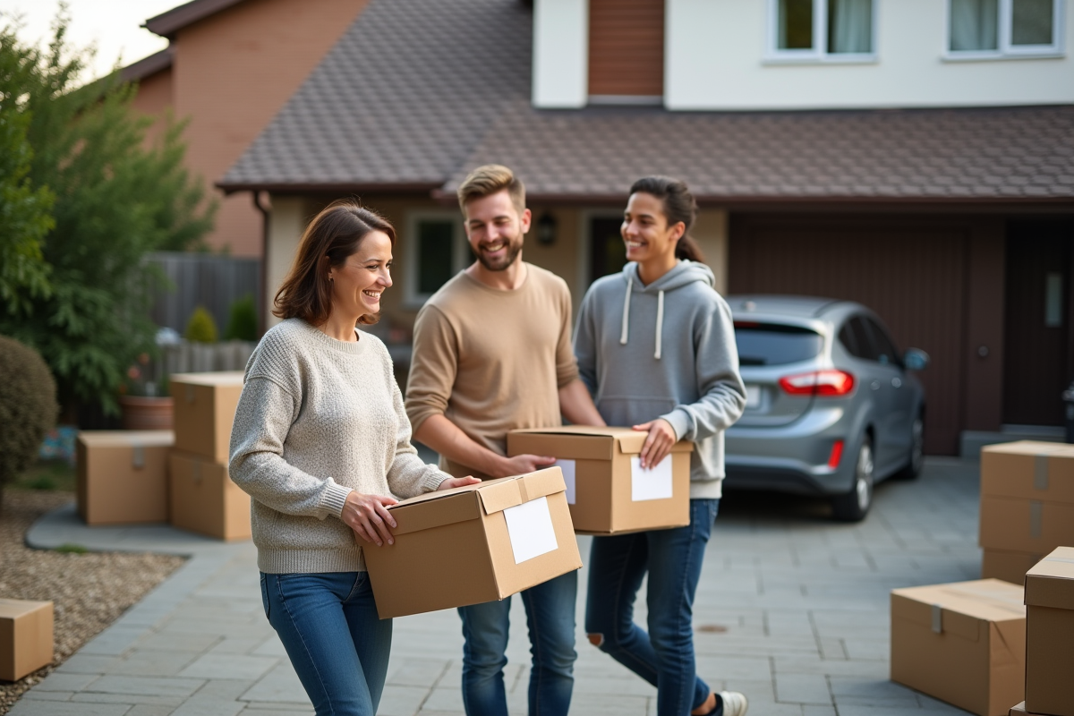 Famille aidant à déménager devant une maison de banlieue