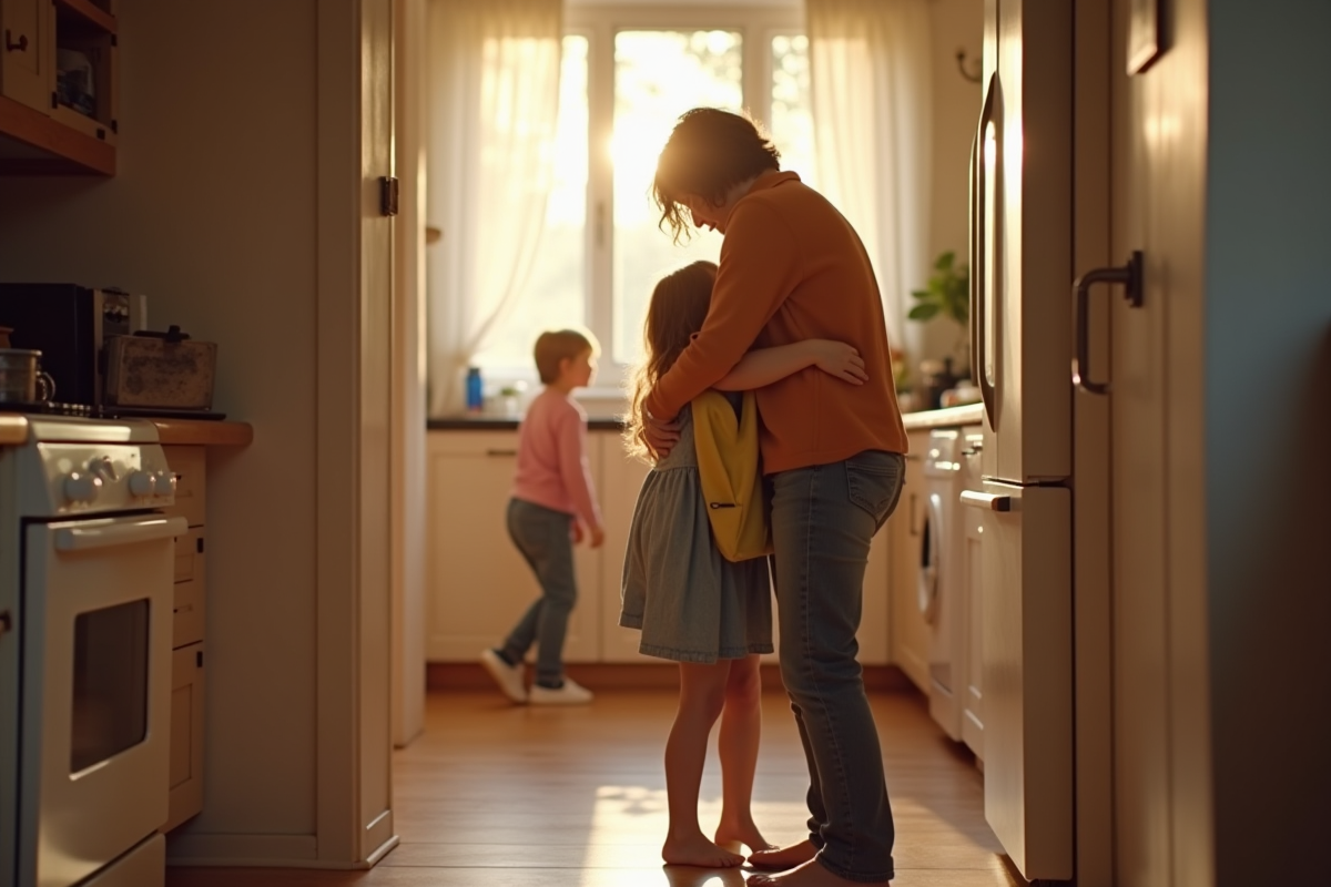 Enfant regardant la scene de famille dans la cuisine