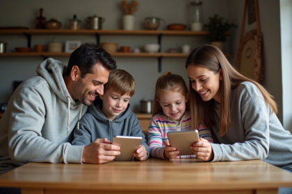 Famille de quatre autour d'une table avec appareils numériques