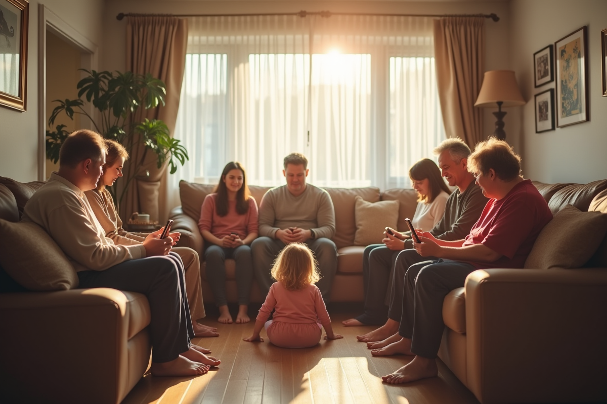 Famille multigénérationnelle dans le salon avec téléphones