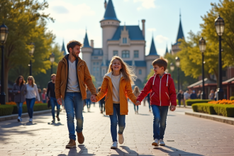 Famille souriante devant un château dans un parc européen