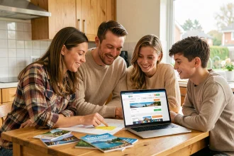Une famille de quatre personnes planifie ses vacances scolaires 2026-2027 autour d'une table de cuisine avec un calendrier et des brochures de voyage