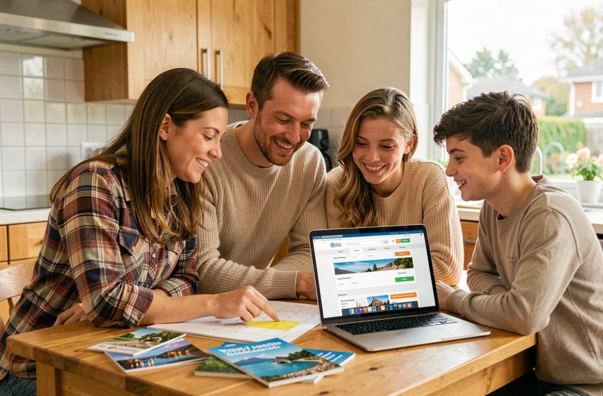 Une famille de quatre personnes planifie ses vacances scolaires 2026-2027 autour d'une table de cuisine avec un calendrier et des brochures de voyage