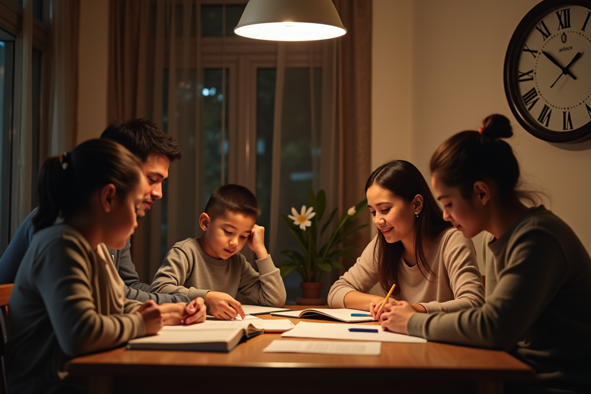 Famille réunie à table le soir avec un élève organisant ses devoirs