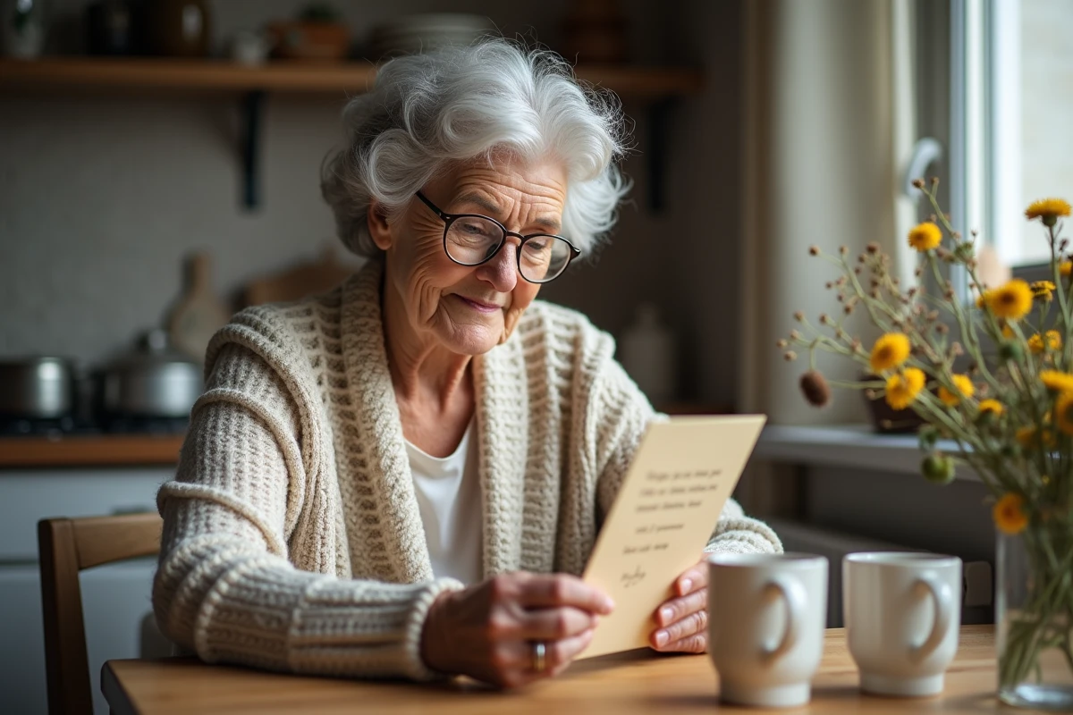 Femme agee lisant une carte avec poeme dans la cuisine