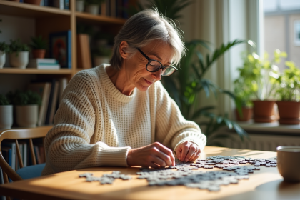 Femme d'âge moyen assemble un puzzle dans un salon lumineux