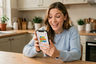 Femme souriante tenant un smartphone affichant une carte anniversaire animée musicale dans une cuisine moderne