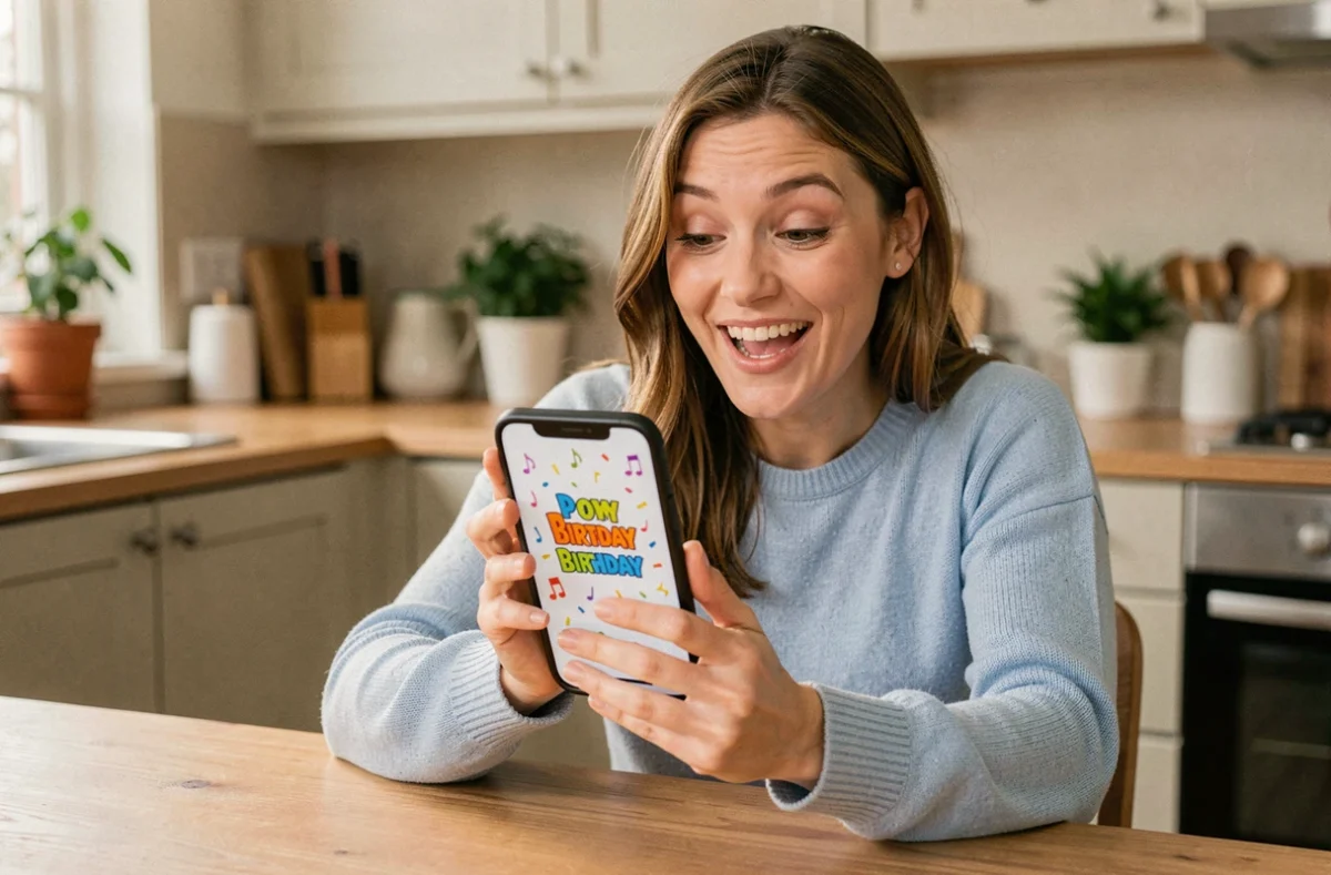 Femme souriante tenant un smartphone affichant une carte anniversaire animée musicale dans une cuisine moderne