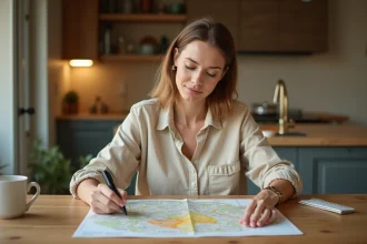 Femme étudiant une carte des zones scolaires à la maison avec marqueurs et carnet de notes
