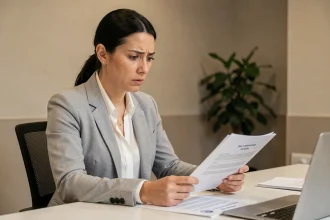 Femme consultant des documents administratifs liés à un changement de caisse d'allocations familiales lors d'une mutation professionnelle