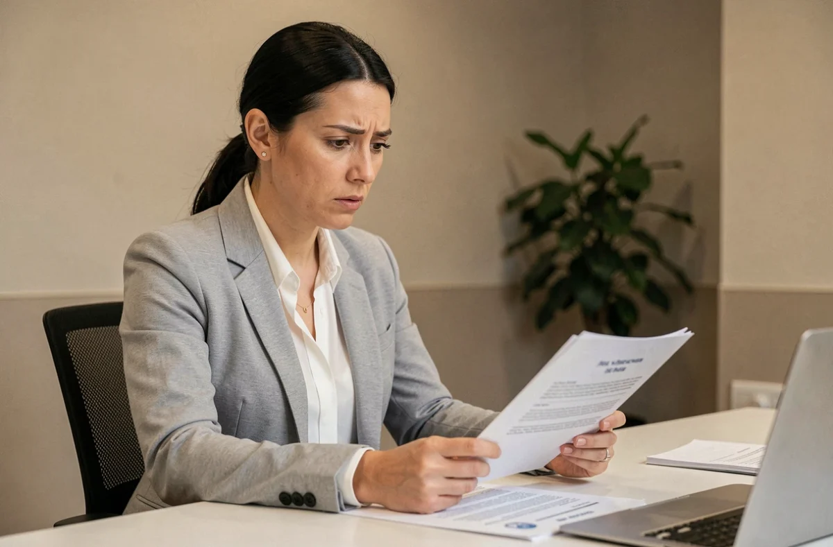 Femme consultant des documents administratifs liés à un changement de caisse d'allocations familiales lors d'une mutation professionnelle