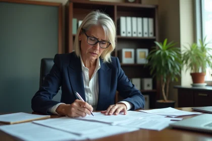 Femme consultant des documents d'adoption internationale avec une expression préoccupée, signaux d'alerte agence adoption
