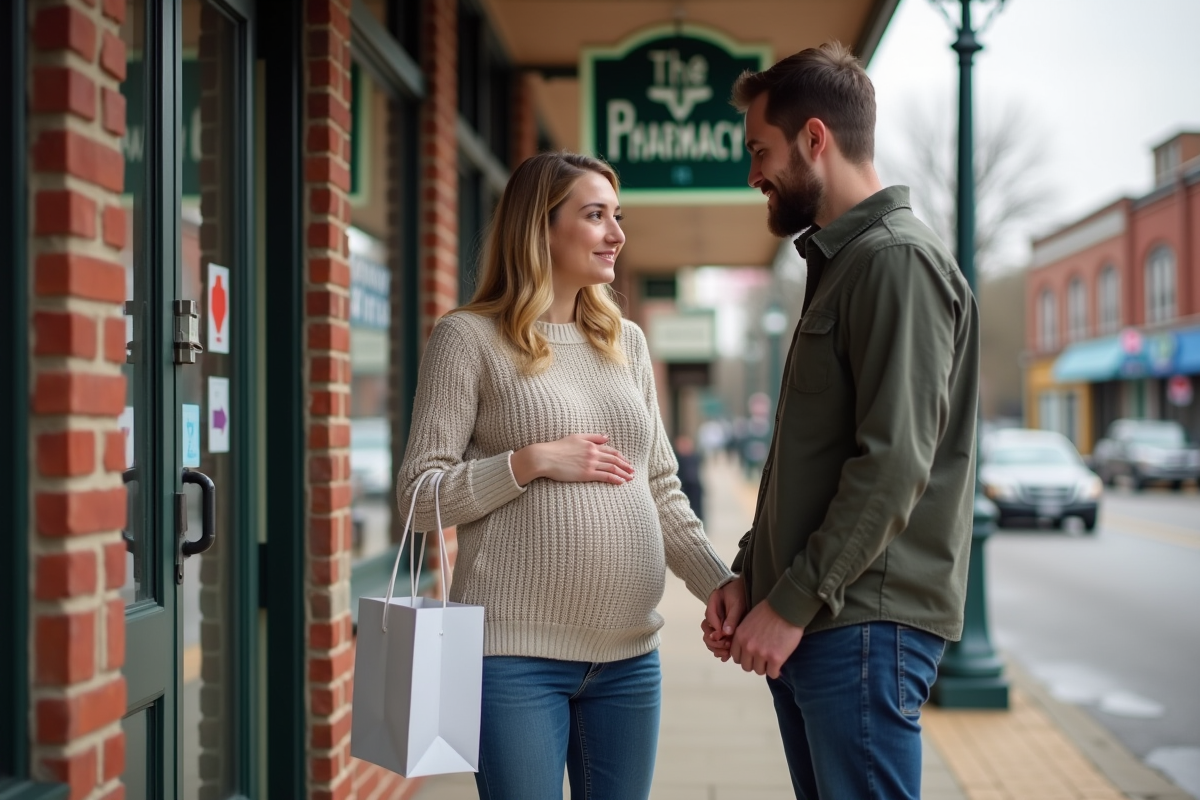 Femme enceinte avec son partenaire devant une pharmacie