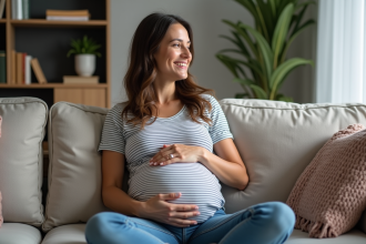 Femme enceinte assise sur un canapé dans un salon moderne