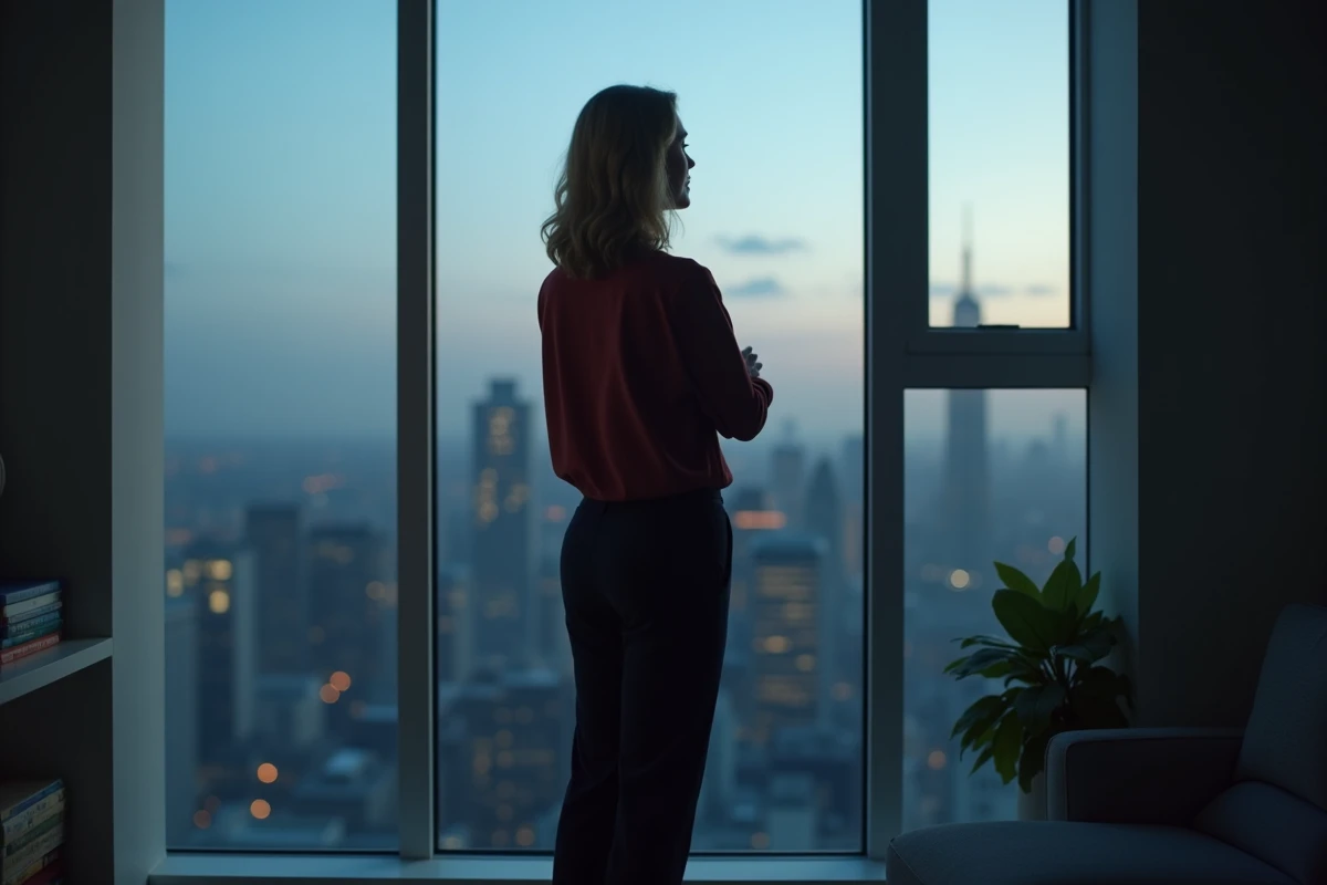 Femme debout seule face à une fenêtre d'appartement regardant la ville, exprimant une introspection et une volonté de se libérer d'une relation affective complexe
