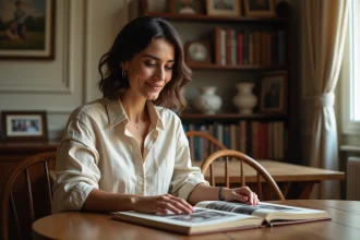 Femme franco-libanaise feuilletant un album photo dans un appartement parisien
