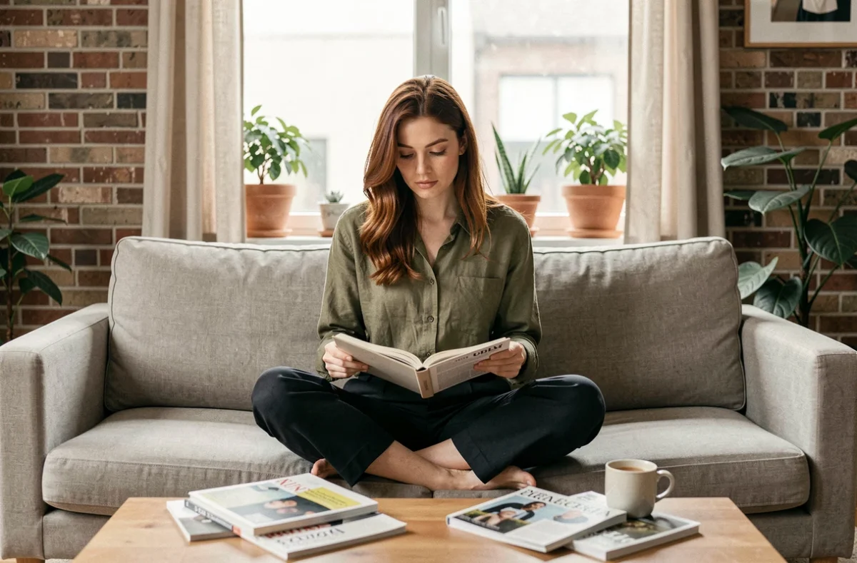 Femme pensive écrivant dans un journal intime dans un appartement minimaliste, illustrant la gestion de la pression personnelle et de l'identité publique